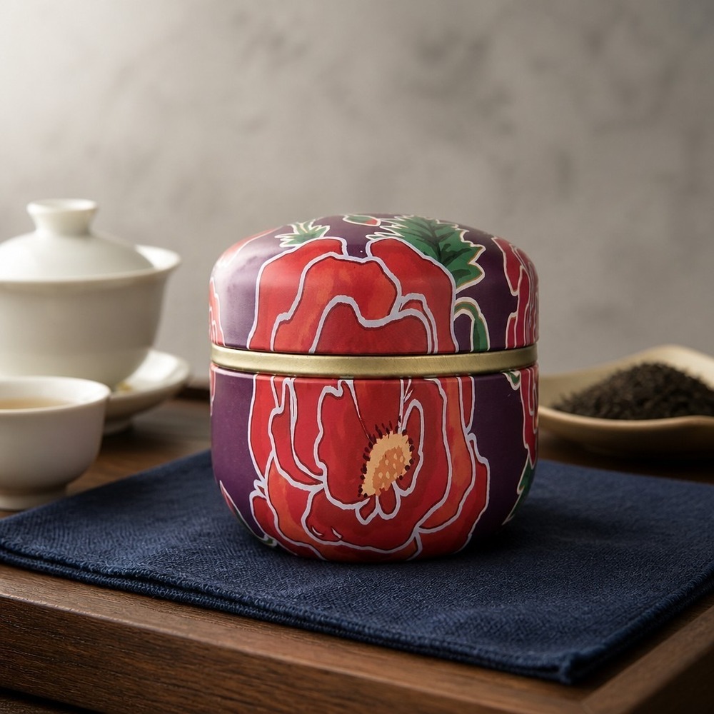 Metal tea storage canister with floral design, double-lid airtight container